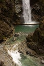 Vertical shot of a waterfall cascading down the rocks in a forest surrounded by wild nature