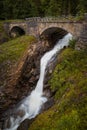 Vertical shot of a waterfall under bridge surrounded by greenery and rocks Royalty Free Stock Photo