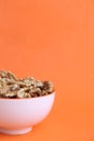 Vertical shot of a white bowl of nuts on an orange background Royalty Free Stock Photo