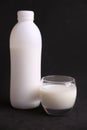 Vertical shot of a white plastic bottle and a transparent cup full of milk
