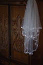 White tulle wedding veil with pretty detailed embroidered flowers around the front rim