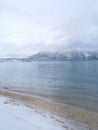 Vertical shot of the winter in the Arctic region, Hillesoy, Kvaloya Island, Tromso, Norway Royalty Free Stock Photo