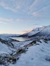 Vertical shot of the winter in the Arctic region, Kvaloya Island, Tromso, Norway Royalty Free Stock Photo