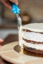 Vertical shot of a woman smoothing edges of a chocolate cake, with a spatula, in the kitchen