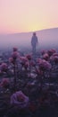A vertical shot of a woman standing in the middle of a valley with pink flowers