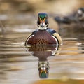 Vertical shot of a wood duck drake swimming along ponds edge Royalty Free Stock Photo
