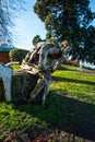 Vertical shot of a wood statue Rodin thinker style in Evian, France