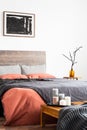 Shot of wooden bed with linen bedclothes, artwork and orange vase