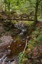 Vertical shot of a wooden bridge over a small river streaming through the mossy rocks Royalty Free Stock Photo