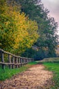 Vertical shot of a wooden fence and a path in an autumn park Royalty Free Stock Photo