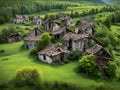 a vertical shot of a wooden house in the middle of the green forest, Ai Generated