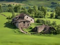 a vertical shot of a wooden house in the middle of the green forest, Ai Generated