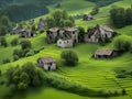 a vertical shot of a wooden house in the middle of the green forest, Ai Generated