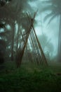 Vertical shot of wooden sticks serving as a core for a large tent in the jungle on a foggy day