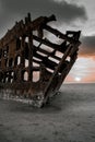 Vertical shot of the Wreck of the Peter Iredale on a beach in the evening in the US