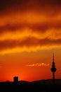 Vertical silhouette of a tower gleaming against the orange cloudy sky during sunset