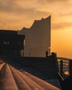 Vertical silhouettes of people walking on steps near a building with a sunset in the background