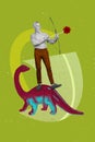 Vertical sketch collage picture of black white gamma grandfather stand dinosaur hold bow flower instead arrow isolated