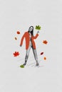 Vertical sketch composite photo collage of good mood beautiful girl dressed drawing outfit hold leaf dancing isolated