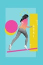 Vertical sketch creative photo collage of purposeful successful motivated girl running achieve goals isolated blue color