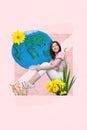 Vertical sketch image collage of positive cute girl sitting looking up dreaming clean planet isolated on drawing beige