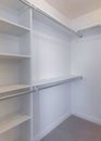 Vertical Small white walk-in closet with brown carpet flooring