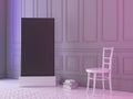 Vertical Smart Tv mockup with white wooden chair in living room with colorful light