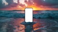 Vertical smartphone mockup against serene sunset sea