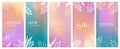 Vertical social media summer story design templates with copy space for text. Soft color gradient and tropical leaves