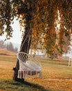 Vertical of a sorbus macrame hammock chair, swing hung from a tree with autumn foliage, fall colors