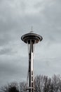 Vertical of Space Needle in Seattle, Washington on a cloudy day