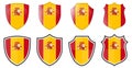 Vertical Spain flag in shield shape, four 3d and simple versions. Spanish icon / sign
