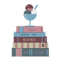 A vertical stack of books and a bowl of ice cream balls. Lettering on books I love books and ice cream. Vector flat Royalty Free Stock Photo