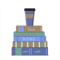 A vertical stack of books and a Cup of coffee. Lettering on books I love books and coffee. flat illustration in nice Royalty Free Stock Photo