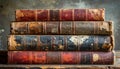 A vertical stack of four extremely aged antique books with richly textured and deteriorated leather spines displaying deep maroon Royalty Free Stock Photo
