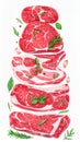 Vertical Stack of Raw Beef Steaks with Rosemary Garlic and Basil on White Royalty Free Stock Photo