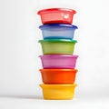 Stack of colorful plastic food storage containers on a white background Royalty Free Stock Photo