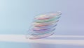 Vertical stack of translucent circular glass disks with etched circuit patterns floating against soft blue gradient Royalty Free Stock Photo