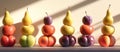 Vertical Stacks of Apples, Plums, and Pears with Light and Shadow Play, generative ai Royalty Free Stock Photo