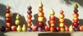 Vertical Stacks of Apples, Plums, and Pears with Light and Shadow Play, generative ai Royalty Free Stock Photo