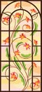 Vertical stained glass window. Ornament branch with flowers and leaves