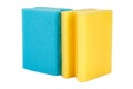 Vertical standing blue and yellow sponges for washing dishes isolated on white background Royalty Free Stock Photo