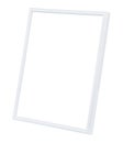 Vertical standing empty photo frame with white thin plastic border isolated on white background