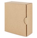 Vertical standing flat square brown cardboard box isolated on white background