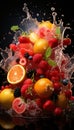 Vertical still life of different fruits, as orange raspberries, blueberries and strawberries, in water