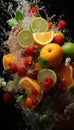 Vertical still life of different fruits, as orange raspberries, limes and strawberries, in water. Illustration AI