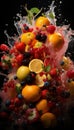 Vertical still life of different fruits, as oranges blackberries, strawberries and blueberries, booming in water. Illustration AI