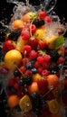 Vertical still life of oranges blackberries, strawberries and blueberries and raspberries, booming in water