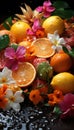 Vertical still life of oranges and lemons