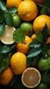 Vertical still life of oranges and limes